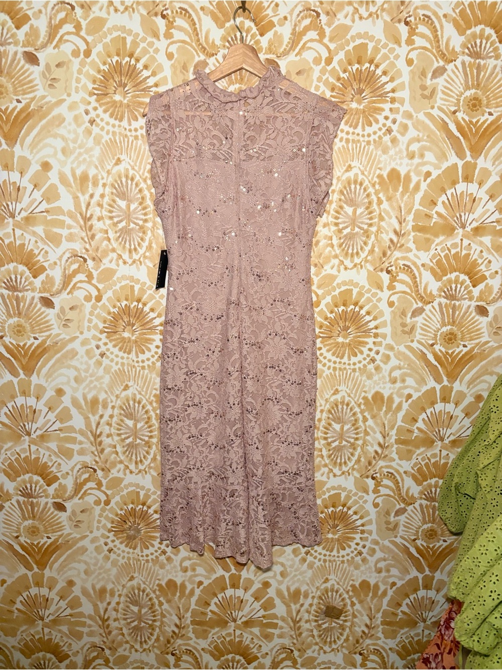 NWT In Focus Dusty Rose Sequin Lace Midi Dress Ruffle Sleeve Formal Romantic - Picture 5 of 11